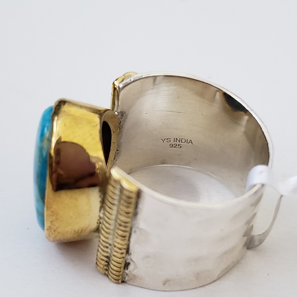 925 Sterling Silver & Brass Mohave Turquoise Ring Size 6.5 - Picture 8 of 9